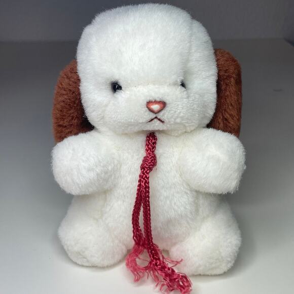 Vintage 1982 Gund Smooch Puppy Dog Plush 7” Small White Cream Brown Ear Rattle - Picture 1 of 11